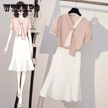 Женский летний комплект из 2 предметов: розовая блузка с короткими рукавами и v-образным вырезом и высокой талией, белая юбка средней длины с оборками, офисный женский костюм с юбкой XXXXL