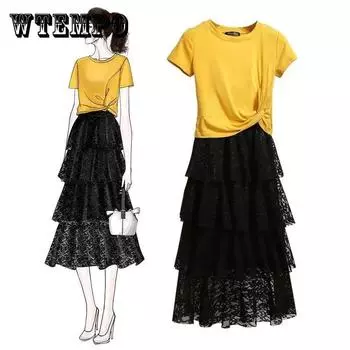 Женский летний комплект из 2 предметов с юбкой, желтая футболка с коротким рукавом и кружевной сеткой с высокой талией в стиле пэчворк, юбка-тортик средней длины, женский повседневный костюм с юбкой XXL