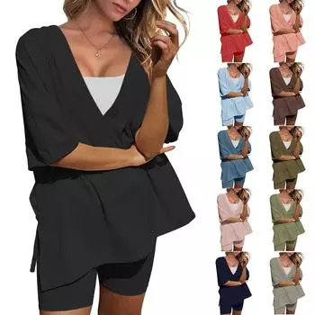 Женский летний комплект из 2 предметов с короткими рукавами и заниженными плечами, топ для больших детей и узкие байкерские шорты для йоги, набор L армия зеленый