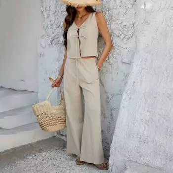 Женский летний комплект из 2 предметов Yousheng, жилет без рукавов с завязкой спереди, широкие брюки, повседневный костюм для отдыха дома, офиса, вечеринки S темно-синий