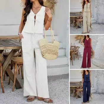 Женский летний комплект из 2 предметов: жилет без рукавов с завязкой спереди, топ и широкие брюки, повседневный костюм для отдыха дома, вечеринки, офиса S вино красного