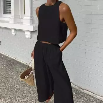 Женский летний комплект из 2 предметов: жилет без рукавов с круглым вырезом, эластичные длинные брюки с высокой талией, однотонный тонкий повседневный комплект M чёрный