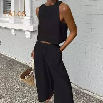 Женский летний комплект из 2 предметов: жилет без рукавов с круглым вырезом, эластичные длинные брюки с высокой талией, однотонный тонкий повседневный комплект M коричневый