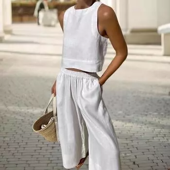 Женский летний комплект из 2 предметов: жилет без рукавов с круглым вырезом, эластичные длинные брюки с высокой талией, однотонный тонкий повседневный комплект M чёрный