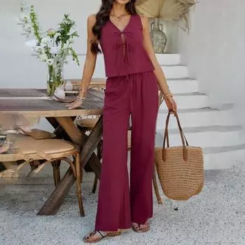 Женский летний комплект из 2 предметов: жилет без рукавов с завязкой спереди, топ и широкие брюки, повседневный костюм для отдыха дома, вечеринки, офиса S темно-синий