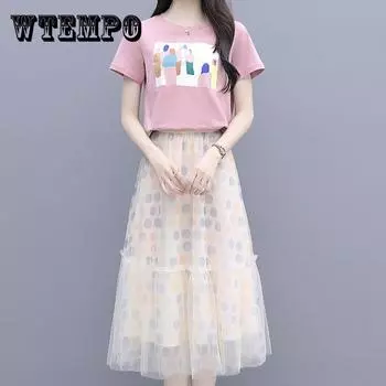 Женский летний комплект из 2 юбок, розовая футболка с коротким рукавом и узором с принтом и высокой талией в горошек, плиссированная юбка средней длины, женский повседневный юбковый костюм XXXL