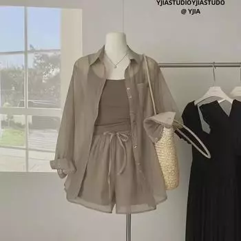 Женский летний комплект из 3 предметов 2024 г.: Легкий кардиган с длинными рукавами, майка и повседневные шорты L (100-120 lbs)