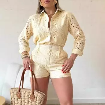 Женский летний комплект из двух частей с люверсами, рубашка с длинными рукавами на пуговицах и шорты с высокой талией, повседневный комплект для отдыха M небесно-голубой