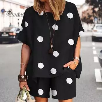 Женский летний комплект из двух частей: топ с круглым вырезом в горошек, короткий рукав, широкие шорты, повседневная домашняя одежда, подходящий костюм L белый