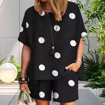 Женский летний комплект из двух частей: топ с круглым вырезом в горошек, короткий рукав, широкие шорты, повседневная домашняя одежда, подходящий костюм L белый