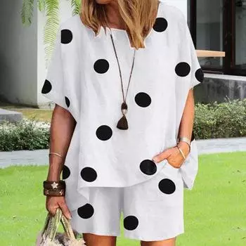 Женский летний комплект из двух частей: топ с круглым вырезом в горошек, короткий рукав, широкие шорты, повседневная домашняя одежда, подходящий костюм XL белый