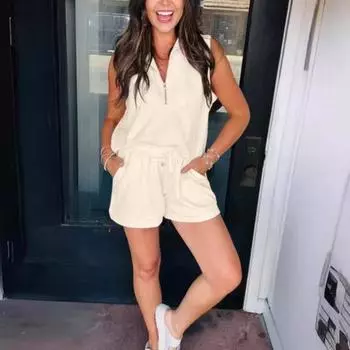 Женский летний комплект из двух частей Yousheng, застегивающийся на молнию, с V-образным вырезом, без рукавов, с эластичными шортами на шнурке, повседневный спортивный костюм для отдыха S розовый