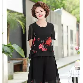 Женский летний комплект из двух предметов: футболка с коротким рукавом + шифоновая рубашка и брюки с принтом 5XL