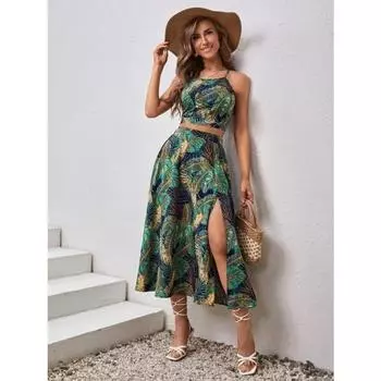 Женский летний комплект из двух предметов, повседневная юбка-полукомбинезон с принтом на подтяжках S зелёный