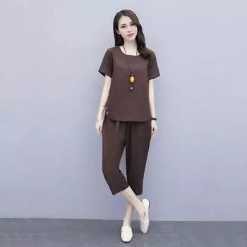 Женский летний комплект из двух предметов, повседневный комплект из топа с короткими рукавами и укороченных брюк, свободная одежда для отдыха, наряд для офиса и домашней вечеринки L темно-синий