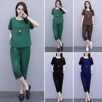Женский летний комплект из двух предметов, повседневный комплект из топа с короткими рукавами и укороченных брюк, свободная одежда для отдыха, наряд для офиса и домашней вечеринки L кофейный