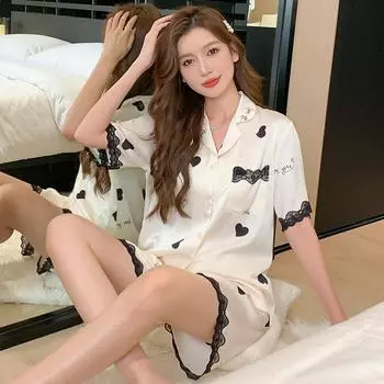 Женский летний комплект из двух предметов с короткими рукавами и шортами, пижамный комплект, женская милая кружевная домашняя одежда, удобная домашняя одежда из ледяного шелка M