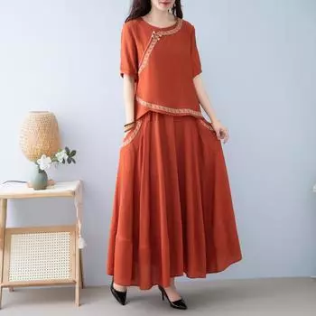 Женский летний комплект из двух предметов свободного покроя с вышитой длинной юбкой больших размеров XXXL зелёный