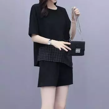 Женский летний комплект из двух предметов: свободный топ с короткими рукавами и круглым вырезом в клетку, широкие шорты, повседневный спортивный костюм для отдыха L чёрный