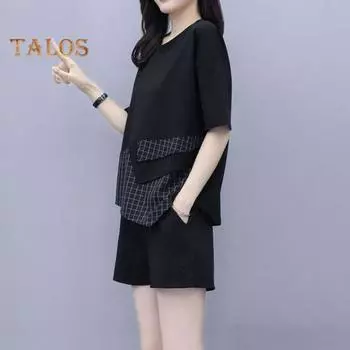 Женский летний комплект из двух предметов: свободный топ с короткими рукавами и круглым вырезом в клетку, широкие шорты, повседневный спортивный костюм для отдыха L чёрный