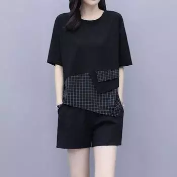 Женский летний комплект из двух предметов: свободный топ с короткими рукавами и круглым вырезом в клетку, широкие шорты, повседневный спортивный костюм для отдыха L чёрный