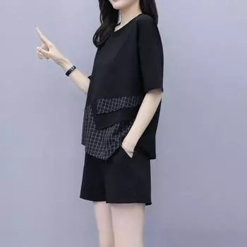 Женский летний комплект из двух предметов: свободный топ с короткими рукавами и круглым вырезом в клетку, широкие шорты, повседневный спортивный костюм для отдыха L чёрный