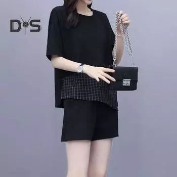 Женский летний комплект из двух предметов: свободный топ с короткими рукавами и круглым вырезом в клетку, широкие шорты, повседневный спортивный костюм для отдыха L чёрный