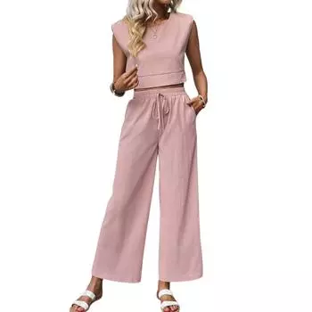 Женский летний комплект из двух предметов, укороченный топ без рукавов с круглым вырезом, эластичная резинка на талии, широкие брюки, повседневный костюм L розовый