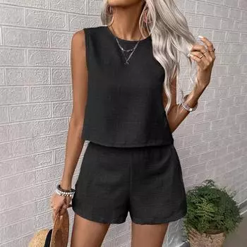 Женский летний комплект из двух предметов: жилет без рукавов, майка и шорты, однотонный дышащий повседневный наряд для отдыха S чёрный
