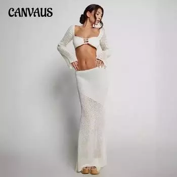 Женский летний комплект из нового трикотажного длинного платья с завязками и длинными рукавами S белый