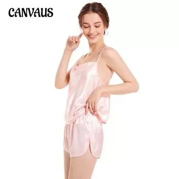 Женский летний комплект пижамы большого размера из однотонного глянцевого шелка Ice Silk с заниженной талией и короткими шортами S чёрный