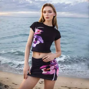 Женский летний комплект с коротким рукавом и принтом на запах S чёрный