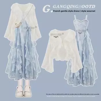 Женский летний костюм больших размеров 2024 года: Комплект из солнцезащитной рубашки и утягивающего платья с подтяжками 3XL