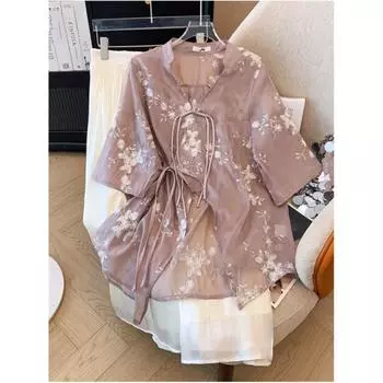 Женский летний костюм большого размера в китайском стиле, свободный, с вышивкой, кардиган, топ + полуюбка, комплект из двух предметов 6XL