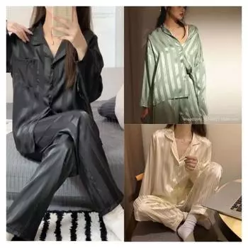 Женский летний костюм для дома из ледяного шелка с длинными рукавами, костюм для дома из искусственного шелка в черную полоску M40-47.5kg чёрный