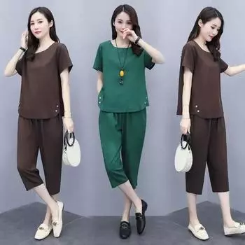 Женский летний костюм для отдыха большого размера, удобный тонкий топ с короткими рукавами + брюки Seven, однотонный, простой, из двух частей 5XL чёрный