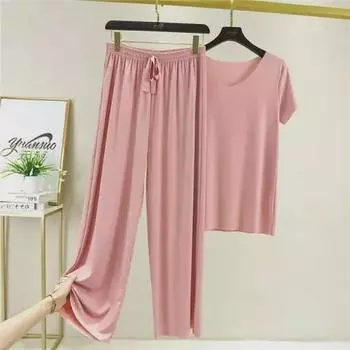 Женский летний костюм-двойка Ice Silk 2023 года: Топ с коротким рукавом и широкие брюки для спорта и отдыха. L розовый
