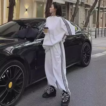 Женский летний костюм-двойка из хлопка в полоску в гонконгском стиле: Свободный топ с короткими рукавами и спортивные брюки 2XL чёрный