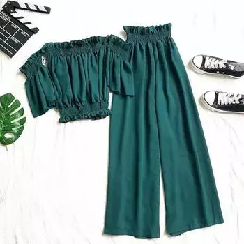 Женский летний костюм из 2 предметов, с открытыми плечами и короткими рукавами, пупок, открытый короткий топ, цветочный бутон, широкие брюки, комплект из двух предметов, повседневные костюмы S чёрный