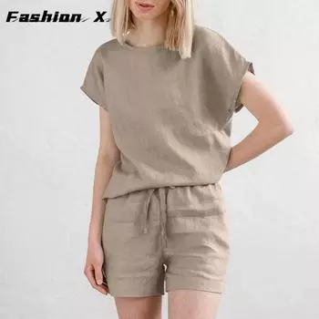 Женский летний костюм из двух частей с коротким рукавом и шортами S светло-серый