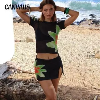 Женский летний костюм из двух частей с цветочным принтом, прозрачная футболка с короткими рукавами, сексуальный открытый А-образный юбка S чёрный
