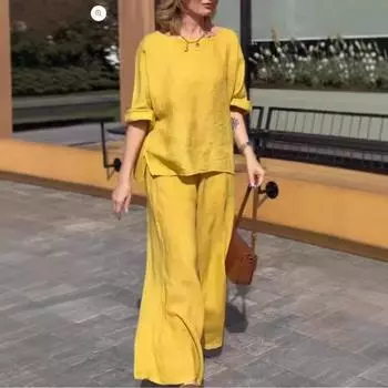 Женский летний костюм из хлопка и льна 2024 года, однотонный повседневный костюм со свободными брюками S жёлтый