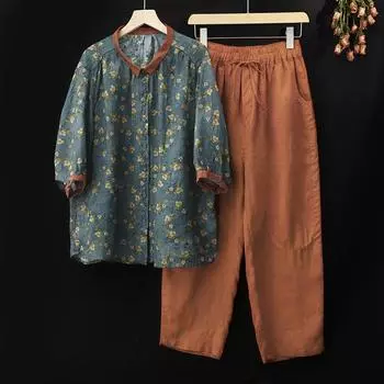 Женский летний костюм из хлопка и льна с коротким рукавом, корейская версия, напечатанный ретро-топ + брюки, женский костюм-двойка XXL синий