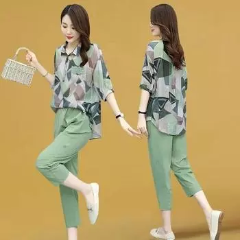 Женский летний костюм, модный комплект из хлопка и льна, сокращающий возраст короткий наряд для отдыха, темпераментные брюки, женское пальто из двух предметов S синий