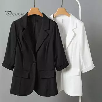 Женский летний костюм, пальто с лацканами, рукав 3/4, облегающий повседневный пиджак, однотонное солнцезащитное пальто с одной пуговицей и карманами с клапанами 2XL белый