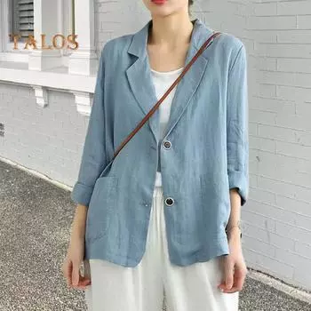 Женский летний костюм, пальто с лацканами и длинными рукавами, однотонный костюм, куртка на пуговицах, свободная тонкая верхняя одежда 2XL жёлтый