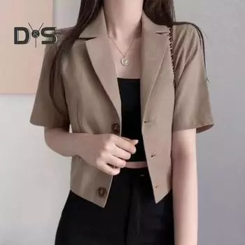 Женский летний костюм, пальто с лацканами, с коротким рукавом, однобортный, на пуговицах, с планкой, короткий пиджак, однотонный, свободный крой, деловая верхняя одежда M чёрный