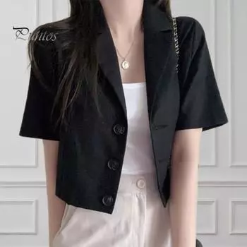 Женский летний костюм, пальто с лацканами, с коротким рукавом, однобортный, на пуговицах, с планкой, короткий пиджак, однотонный, свободный крой, деловая верхняя одежда M чёрный