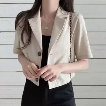 Женский летний костюм, пальто с лацканами, с коротким рукавом, однобортный, на пуговицах, с планкой, короткий пиджак, однотонный, свободный крой, деловая верхняя одежда M чёрный