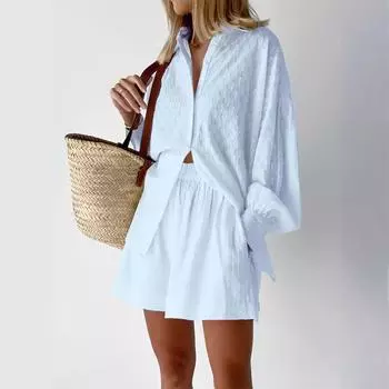 Женский летний костюм, повседневная льняная рубашка с длинными рукавами, короткие брюки, однотонный комплект из двух предметов S белый